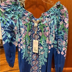 NWT Lilly Pulitzer Barton Blue and Pink Floral Off the Shoulder Blouse SIZE XS